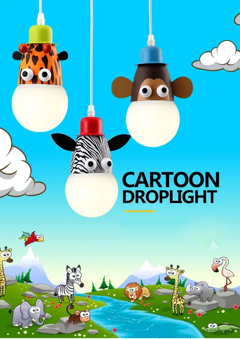 Cartoon Brief ABS lampada a sospensione con pannello in metallo con teste di animali Droplight Mokey Girraf Zebra Led E27 per la stanza dei bambini