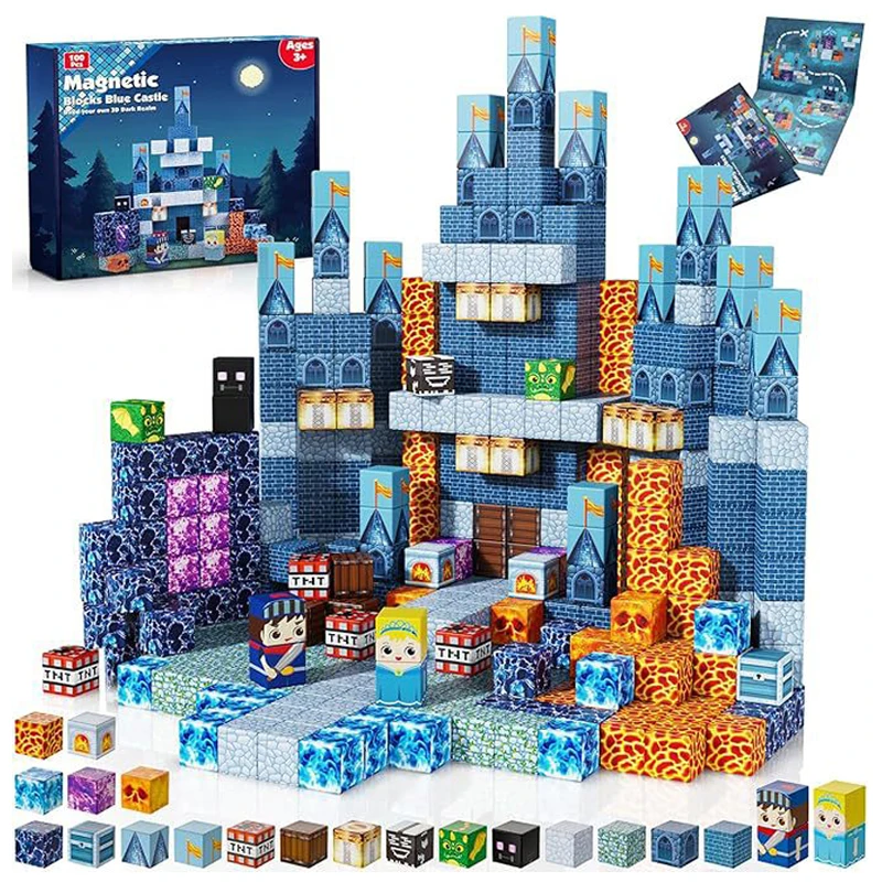 100 SZTUK Edukacyjny Zestaw Klocków DIY Innowacyjne Produkty Puzzle 3D Niebieski Zamek Magnetyczna Magiczna Kostka Klocki Konstrukcyjne Zabawki dla Dzieci
