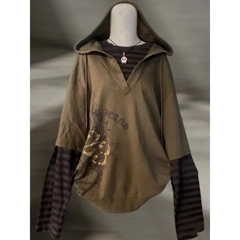 Gothic slim striped long-sleeved brown sexy hoodies winter clothes womenY2K grunge high street hip-hop casual vintage sweatshirt