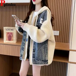 Denim Knitted Spliced Hooded Jackets Coats Fall Winter Warm Streetwear Chaquetas Vintage Casaco Korea Loose Casual Women Jaqueta