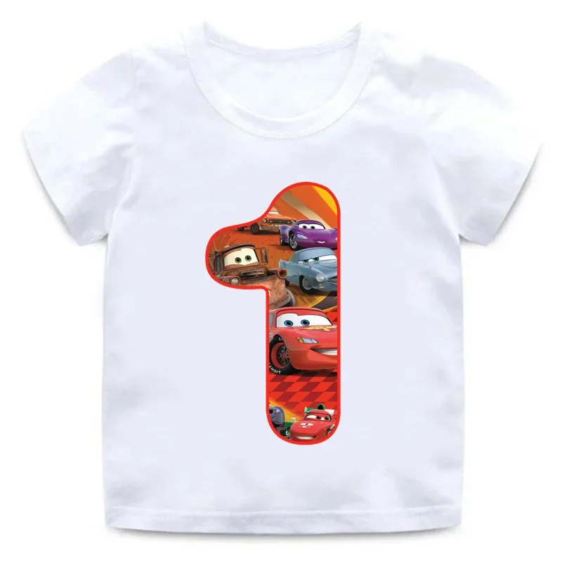 T-shirt Disney Cars Rains McQueen pour enfants, vêtements de décoration de fête d\'anniversaire, dessin animé anime Kawaii, haut décontracté pour