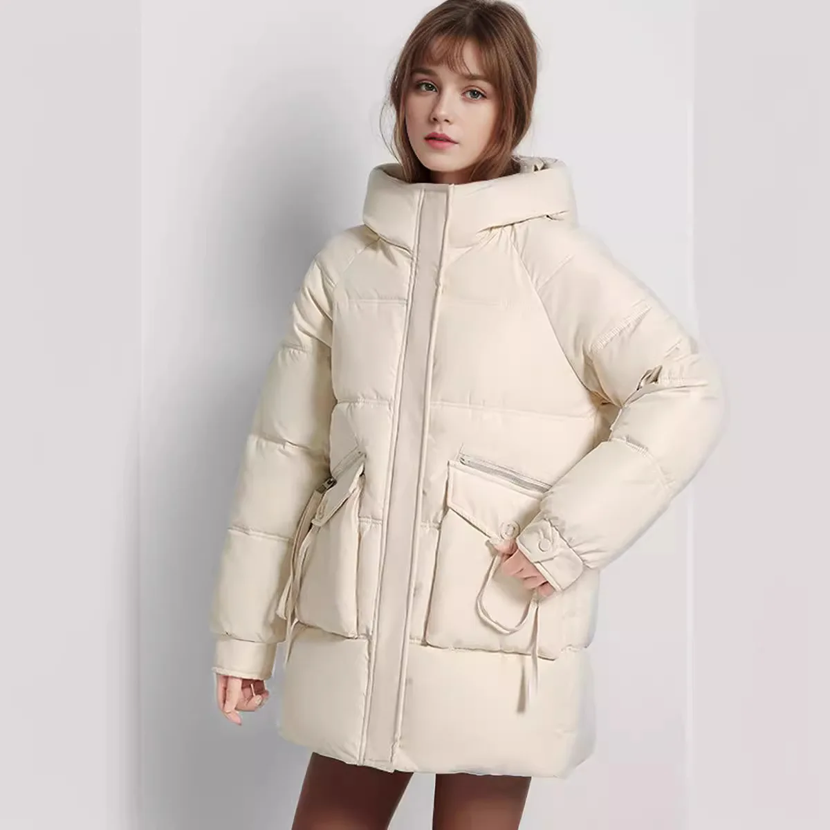 2024 New Women\'s Winter Puffer Down Cotton Jacket Solid Color Padded Jacket Long Hooded Stylish Pockets Loose Padded Warm Coat