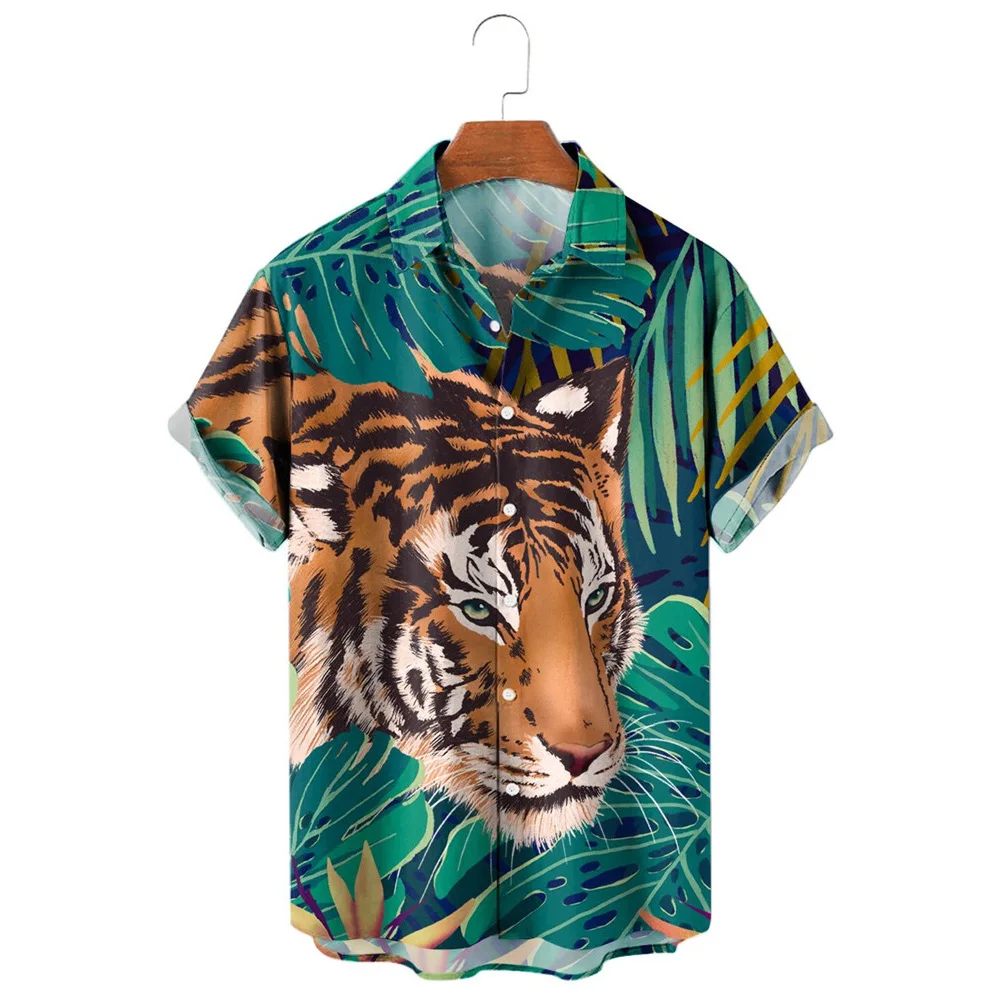 

HX Fashion Men's Shirts Hawaiian Tropical Leaves Tiger 3D Printed Casual Shirt Short Sleeve Beach Shirts for Men Clothing