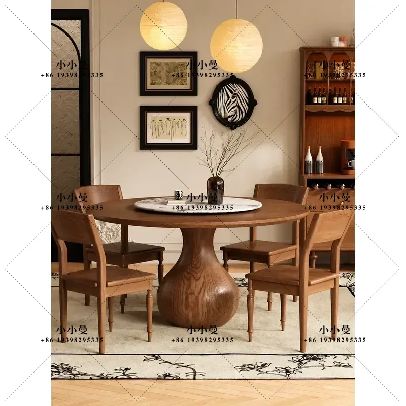 All Solid Wood Round Dining Table with Turntable Retro Medieval Style Simple Household Small Apartment Circular Dinner Table