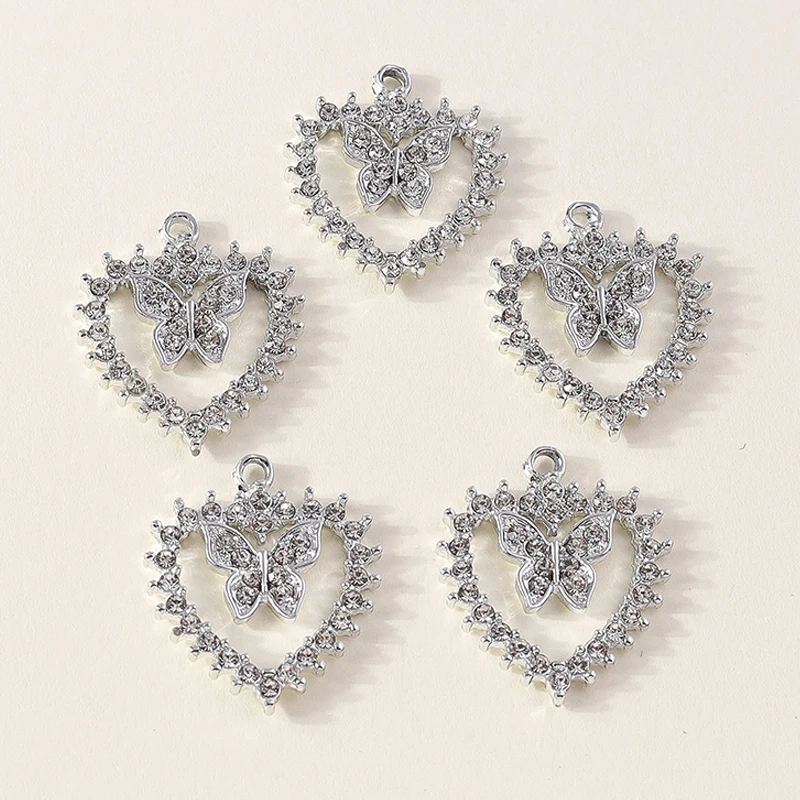 10 Stück 19*23mm Silber Farbe Kristall Herz Schmetterling Charms für Schmuck Handgemachte Anhänger Halsketten Ohrringe Zubehör