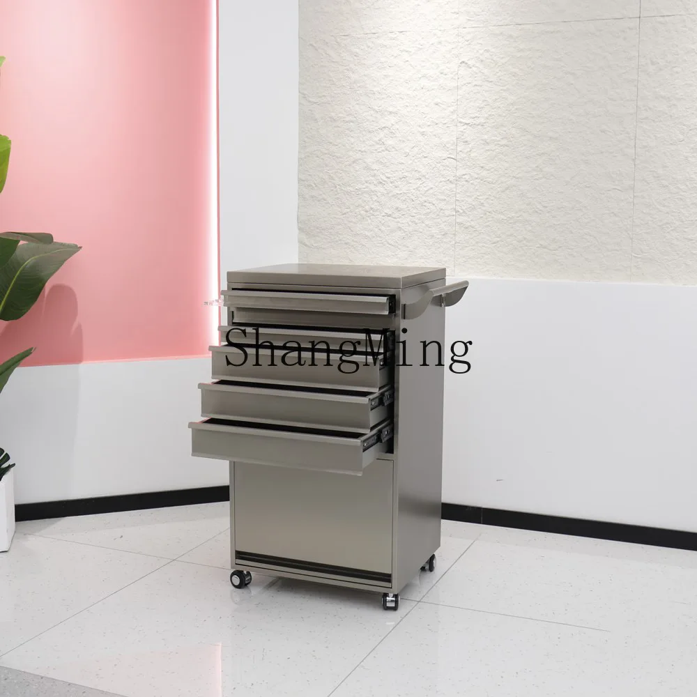 

FG Barber Shop Stainless Steel Cabinet with Hair Dryer Rack Hair Salon Trolley with Wheels Storage Organizer Tool Cabinet