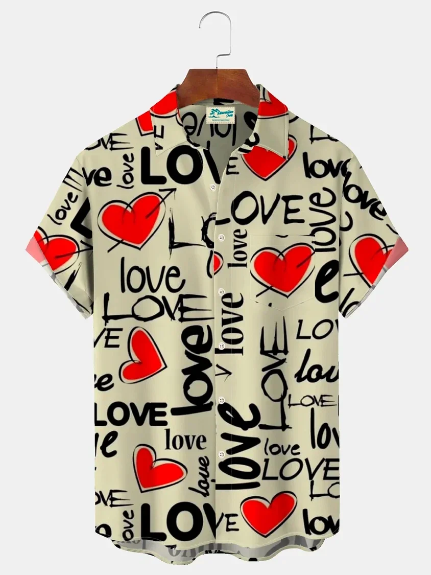 

2025 Valentine's Day Men's Shirt Short Sleeve3D Print Love Graphics Shirts Streetwear Tops Loose Hawaiian Shirts Casual T-Shirts