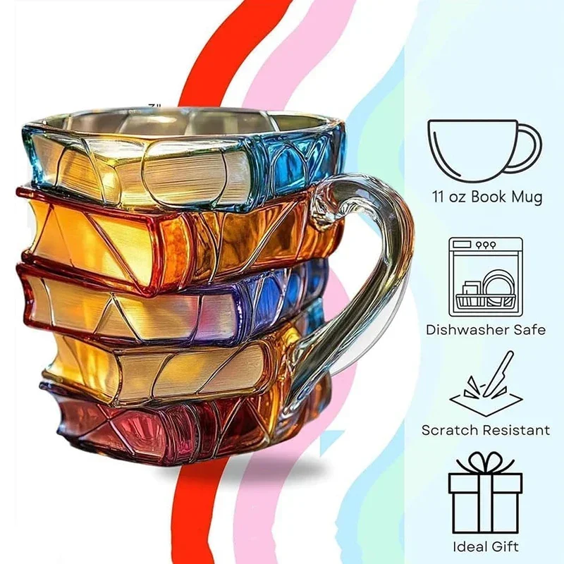 8oz Stain Glass Painted Book Mug Stained Innovative 3D Painting Books Novelty Coffee Mugs Unique Handcrafted Painted Tea Cup