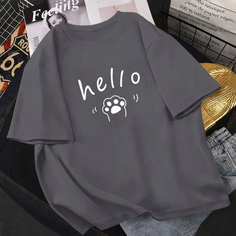 

Korean Cute Hello Cat Claw Printed Short Sleeved T-shirt for Women Ins Summer New Loose Casual Y2k Top Simple Round Neck Clothes