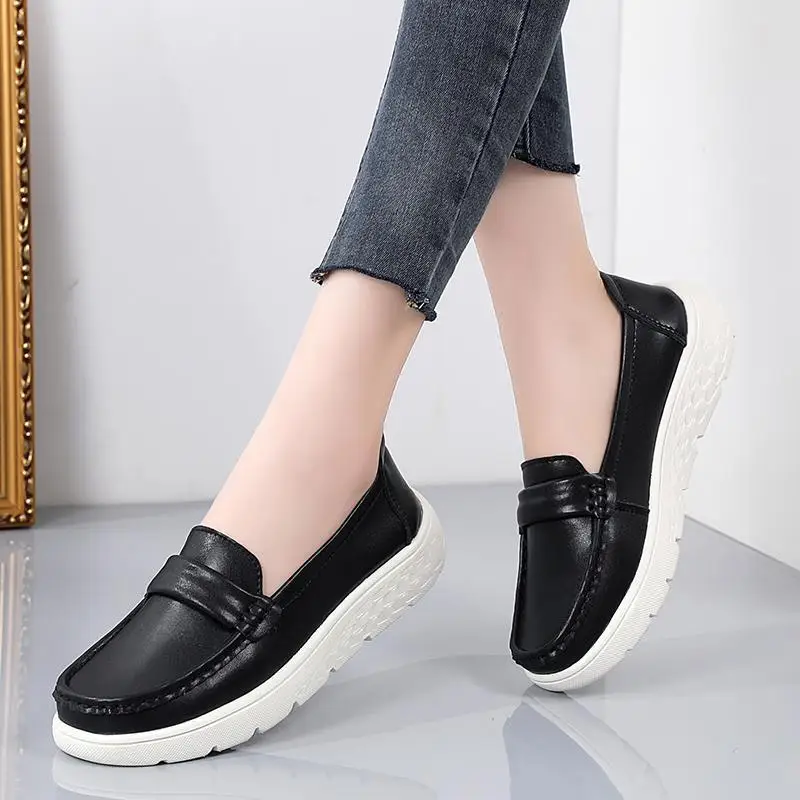 First Layer Soft Cowhide Mom Shoes Comfortable Soft Bottom Low-Cut round Toe Flat Bottom Moccasins Maternity Work Loafers Flat