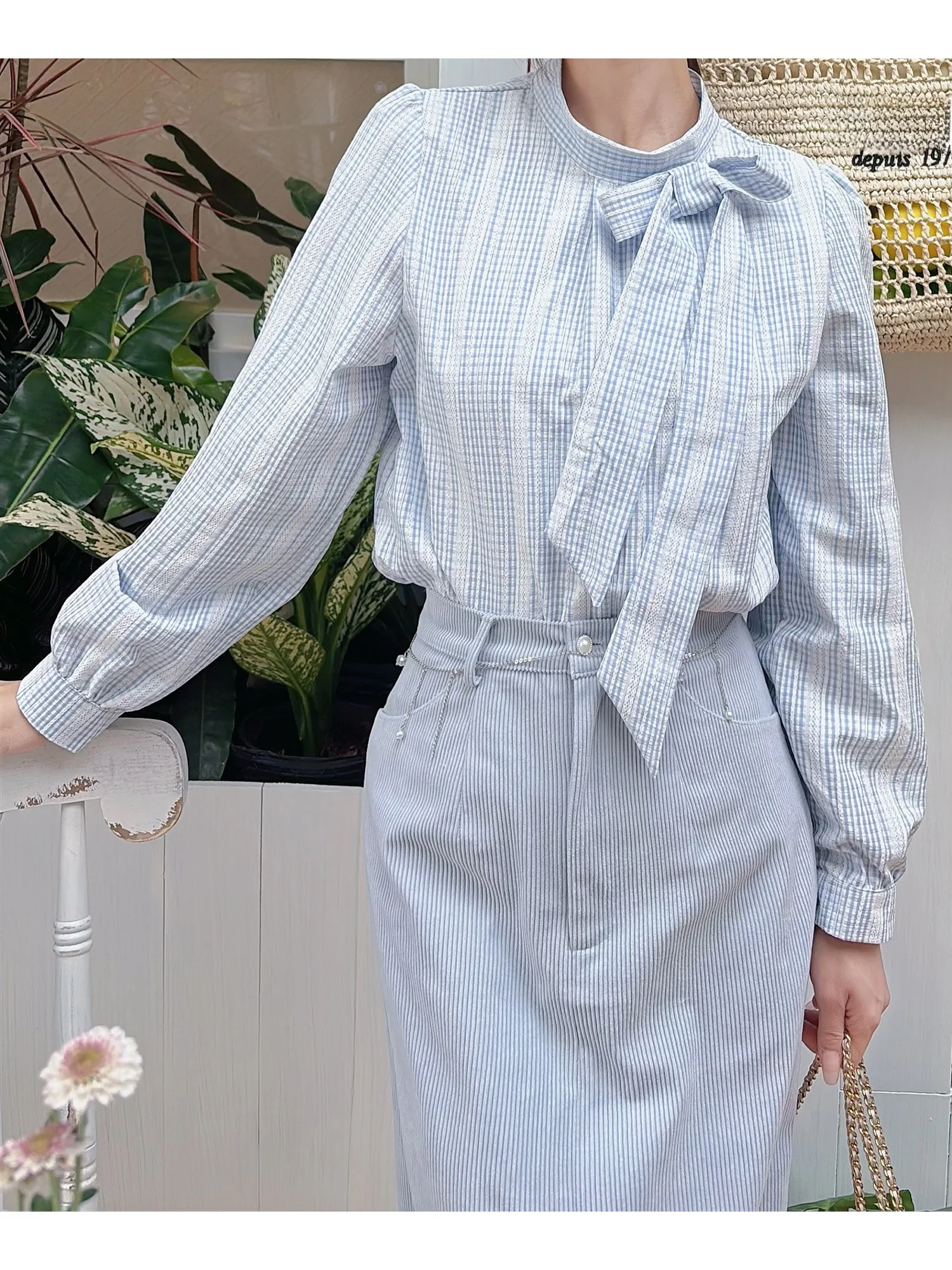 

Original Blue nut Mousse Striped Lace Knot irt Light Blue Corduroy f Skirt Korean Sle Women's irt