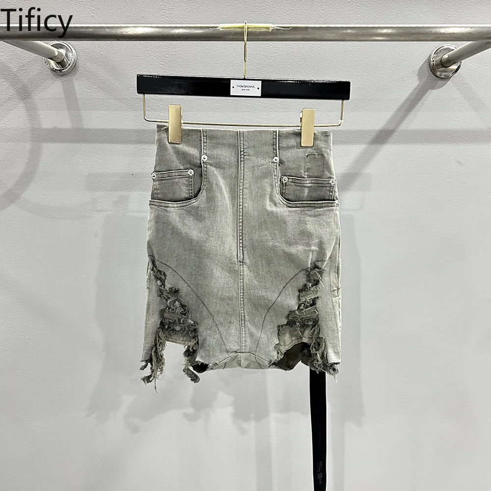 Spring/Summer Denim Skirt Women's Cotton Worn Cement Ash Erosion Slim Fit High Waist Wrapped Hip Short Jean Skirts