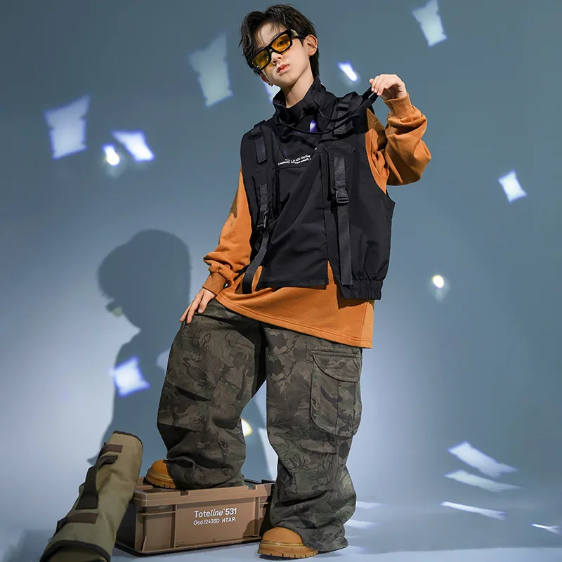 Vêtements Hip Hop pour enfants, veste en fibre noire, pantalon cargo baggy de rue, costume de danse jazz, vêtements Kpop décontractés pour fille et garçon