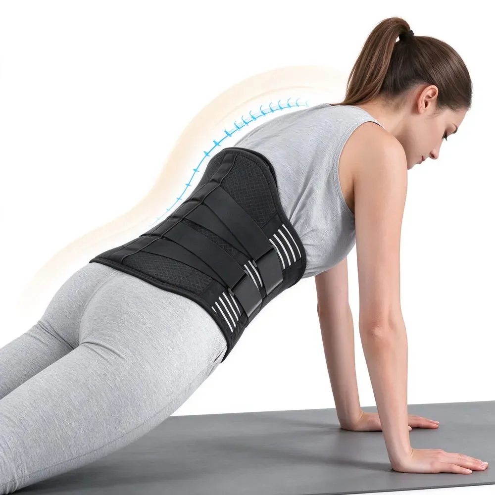 Ergonomic Lower Back Brace with Rigid Support Plates, Double Pull Adjustable Lumbar Belt, Breathable Fabric for Herniated Disc