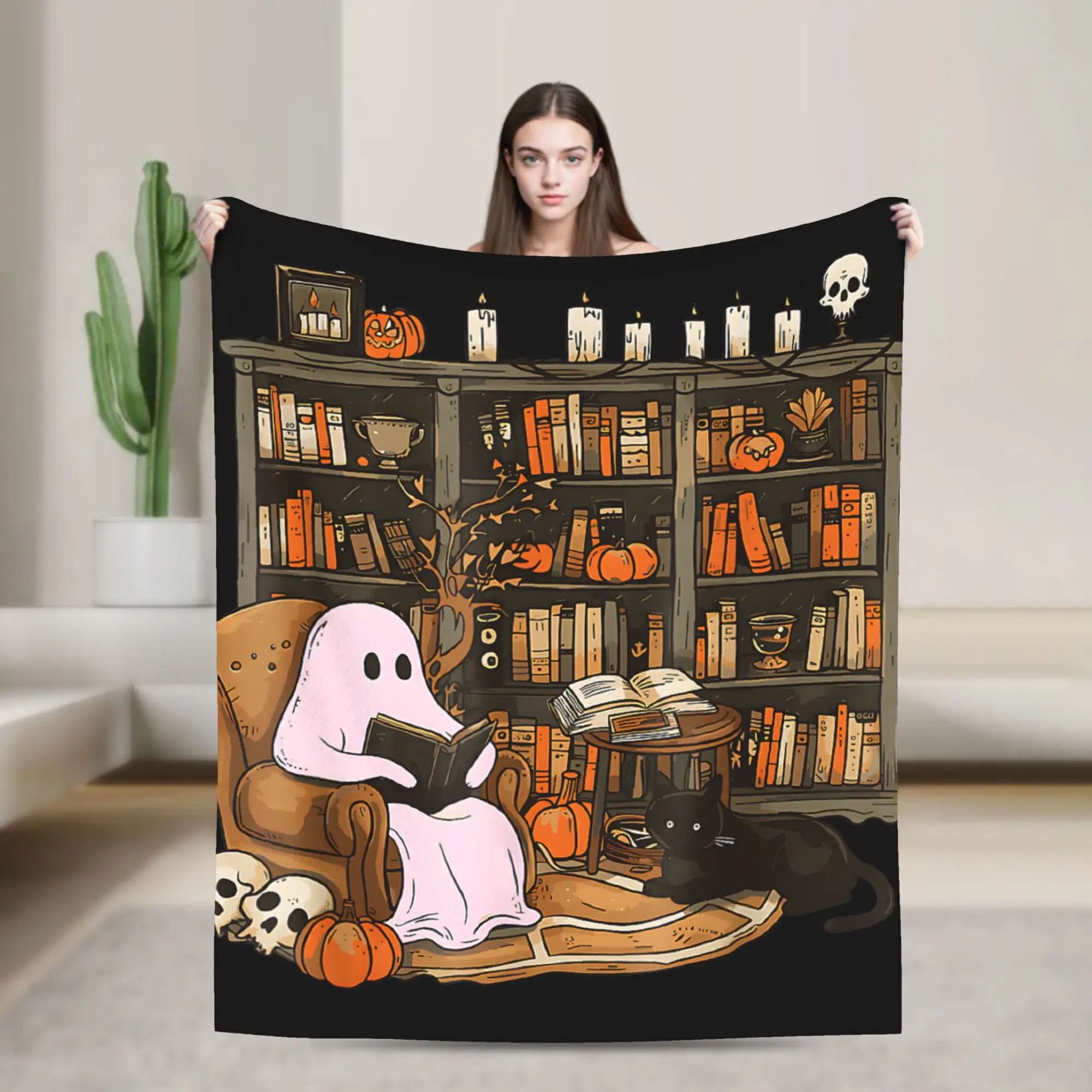 Ghost Book Reading Blankets Flannel Decoration Pumpkin Gothic Halloween Multifunction Throw Blanket Bed Bedroom Plush Thin Quilt