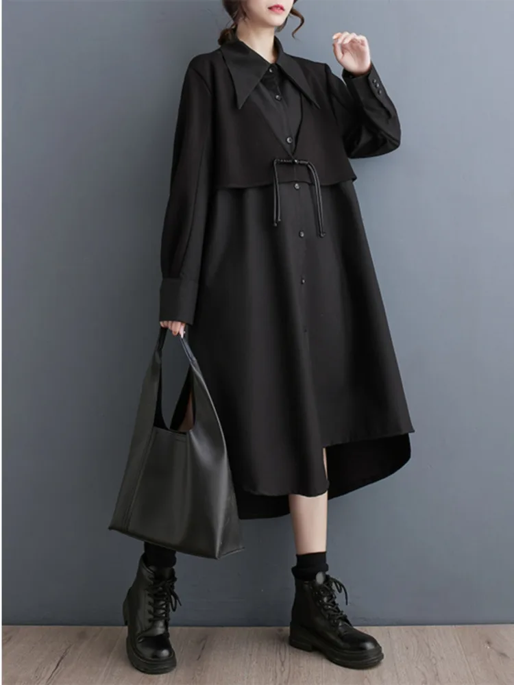 #3455 False Two Piece Shirt Dress Women Loose Split Joint A-line Midi Dress Ladies Polo Neck Black Irregular Dress Female Spring