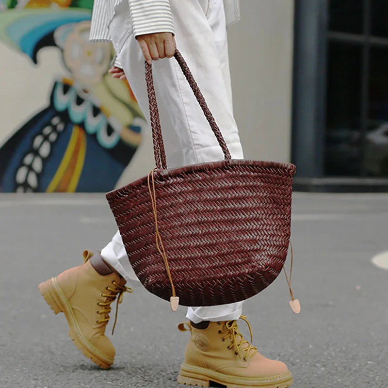 Women Genuine Leather Woven Tote Bag Large Capacity Casual Commuter Shoulder Bag Lady Vintage Basket Handbags with Inner Pouch view 6