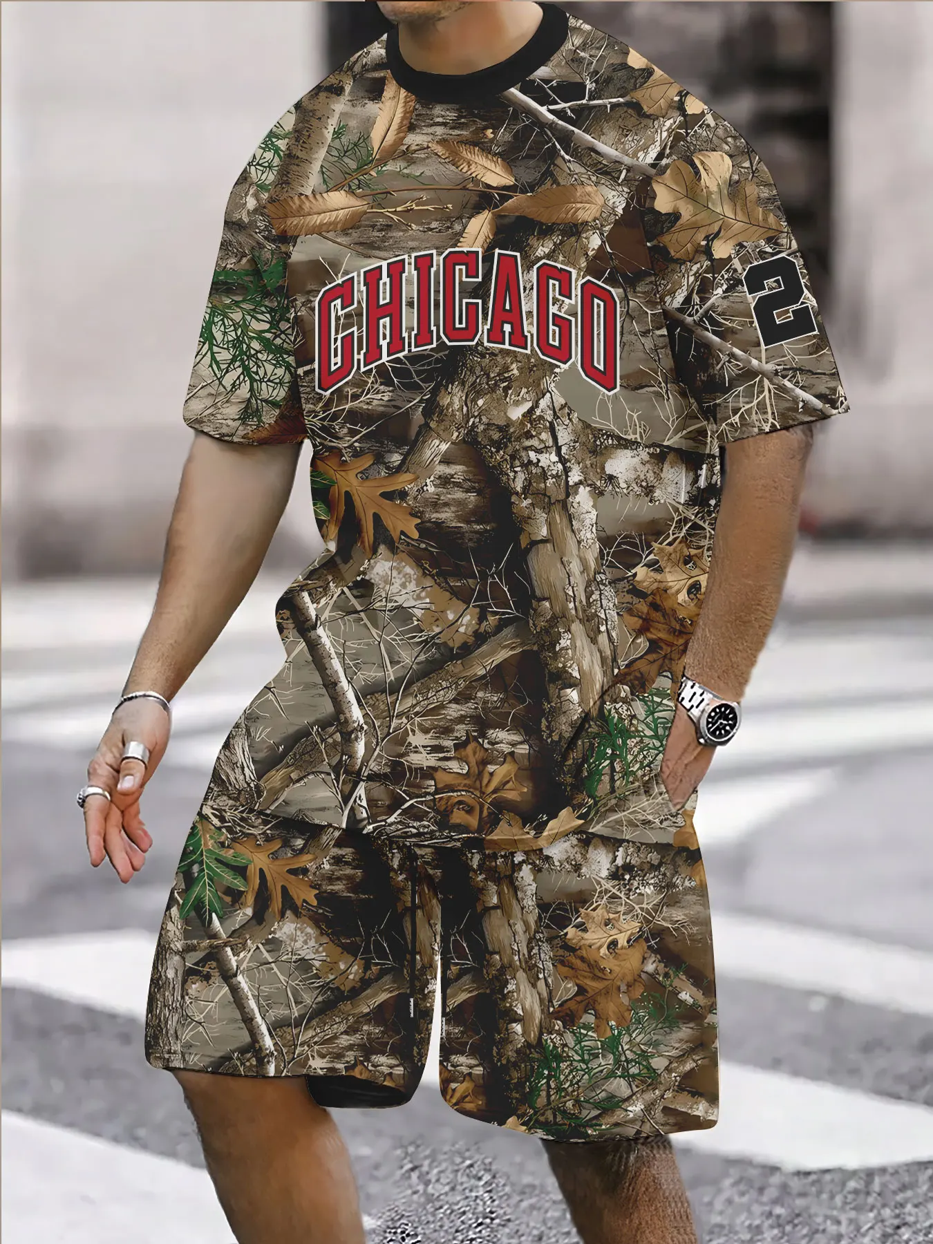 

Summer 2 Piece Set Men‘s Comfortable Leaf Camo Chicago Text Basketball Quick Dry T-Shirt and 5 Inch Drawstring Pocket Shorts