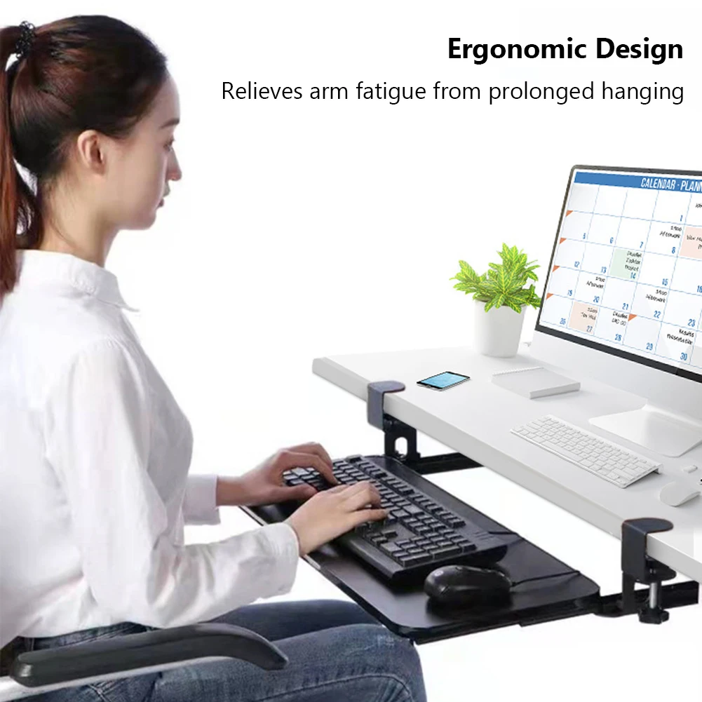 Keyboard Tray Under Desk with C Clamp Mount Pull Out Keyboard Tray Drawer Slide-Out Platform Computer Keyboard Drawer