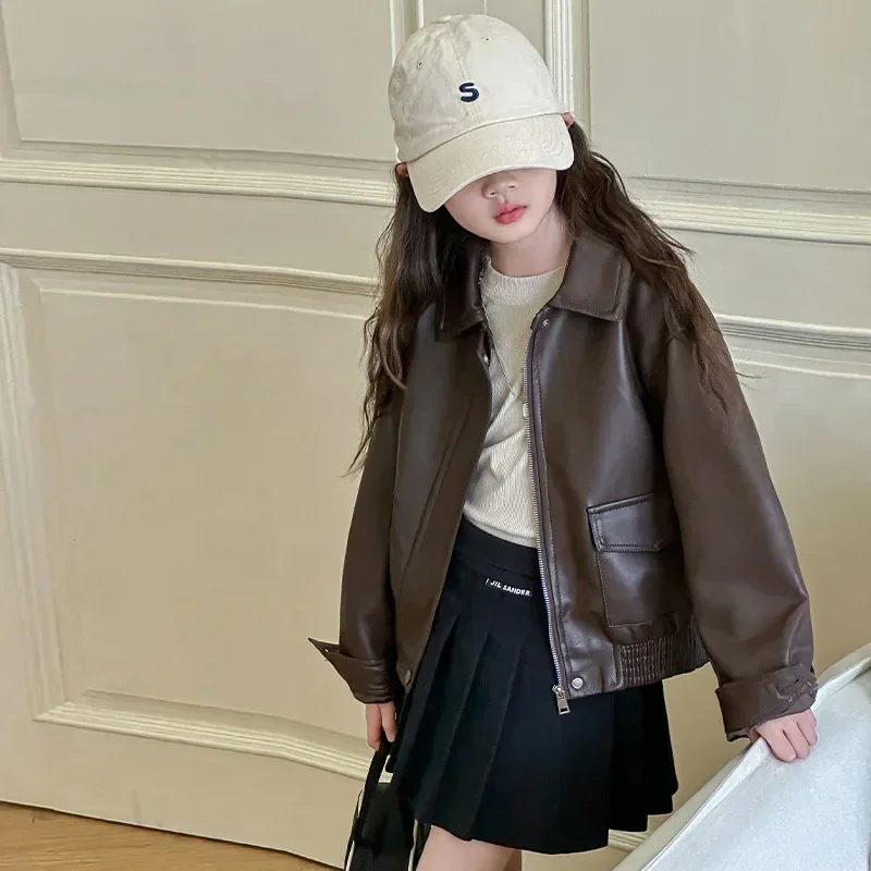 Girls Leather Jacket 2025 Spring Fashion PU Casual Windproof Young Kids Coats Brown Biker Chic Trendy Outerwear 8 12 13 14 Years