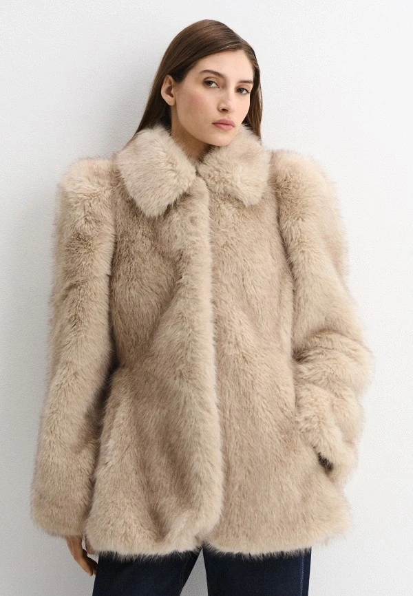 IG Women Wide Lapel Cinched Waist Faux Fur Coat, Peplum Hem Mid-Length Fluffy Jacket, Side Pockets Winter Warm Beige Casual Oute