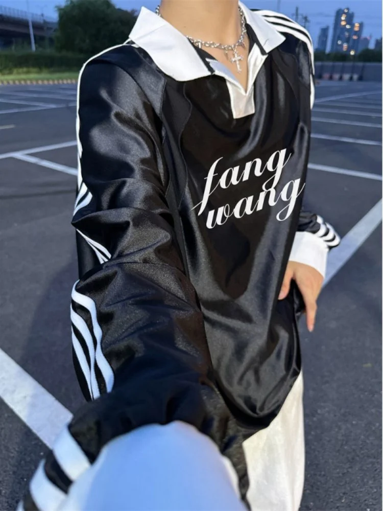 

Мужская атласная рубашка с длинным рукавом и отложным воротником, весенне-осенняя, в американском уличном стиле, оверсайз