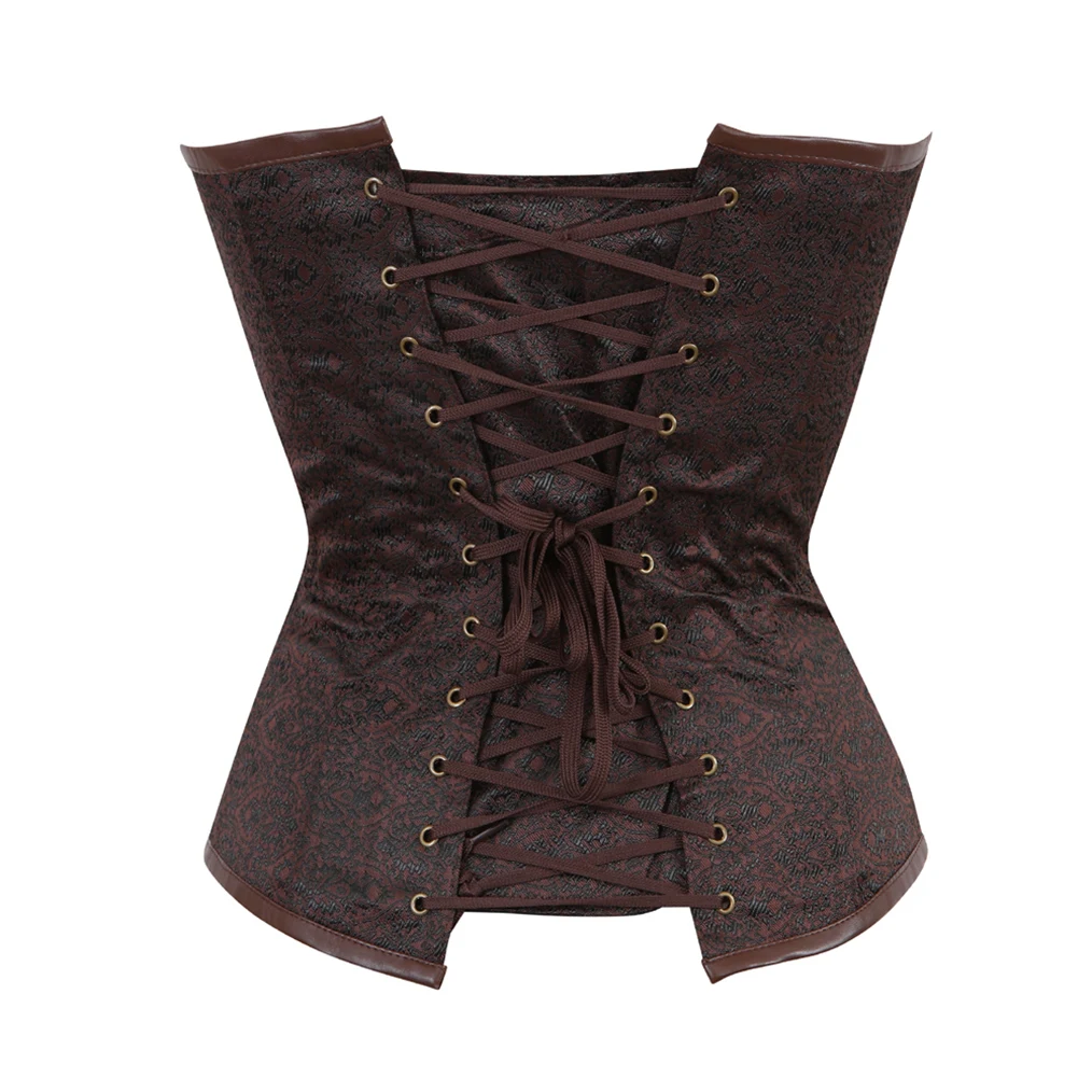 Steampunk Medieval Women Zipper Style Spiral Steel Bone Leather Corset Bustier Top Sexy Gothic Brown  Halloween Party Costume