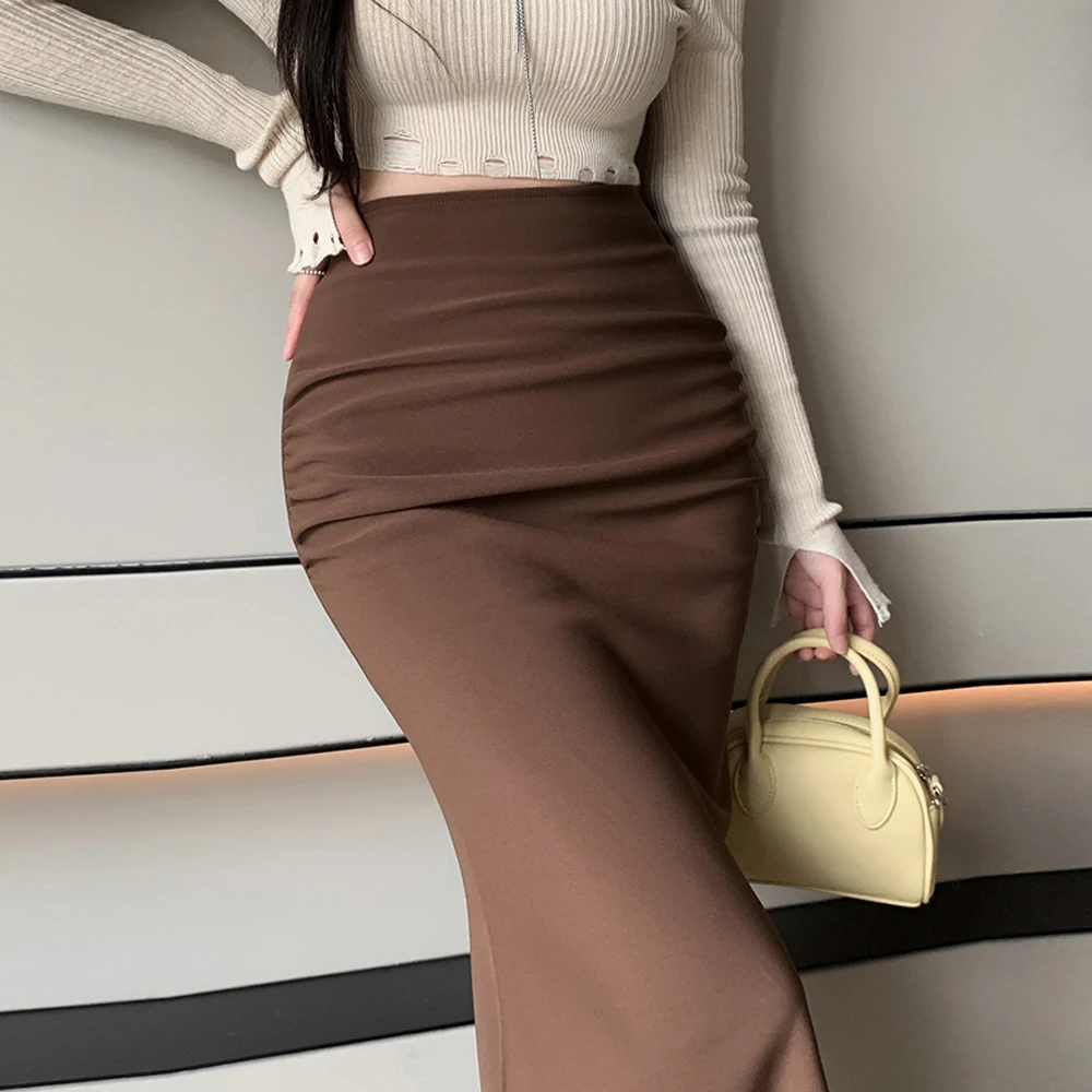 Elegant Long Mermaid Skirts Women Chic Folds Stretch Wrap Hips Black Coffee Casual Skirts Korean Style Office Lady Slim Skirts