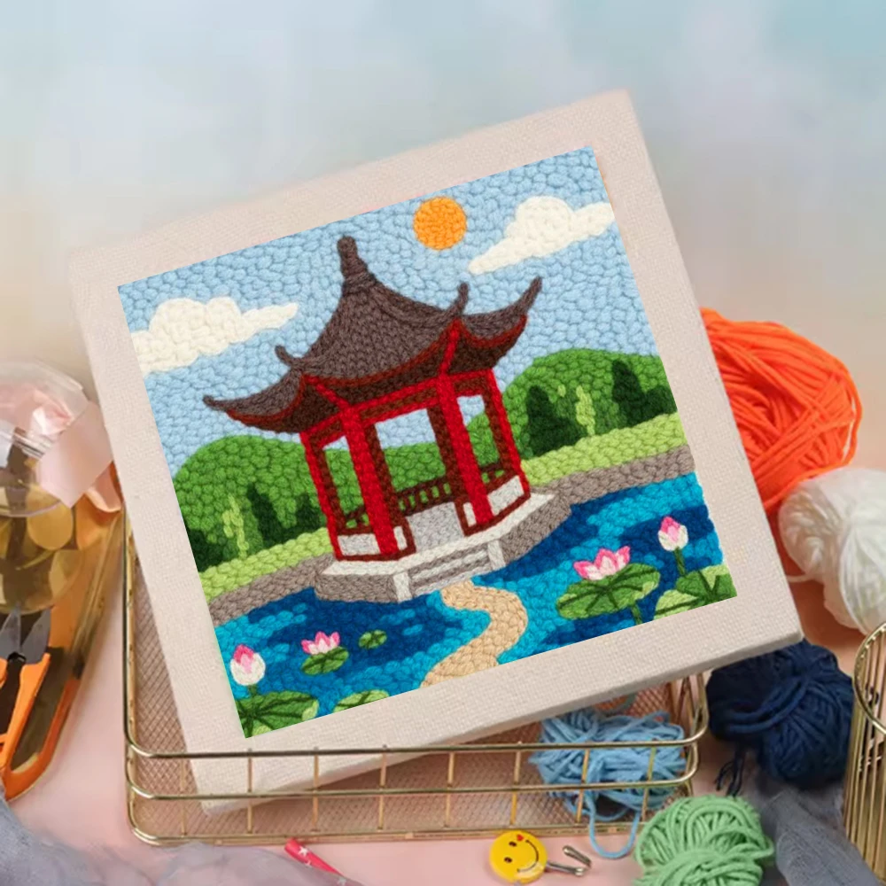 

Pavilion Lotus Scenery Punch Needle Kit Adults Crafts Needlework Supplies Needle Punch Threader, Yarns, Rug Punch Adult Craft