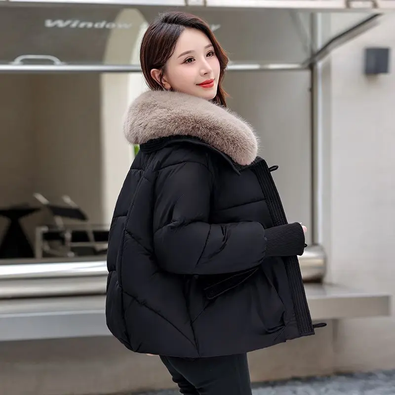 2025 Winter New Down Short Padded Jacket Women Parkas Fur Collar Thick Cotton Coats Clothes Black Khaki Casual Outerwear Female