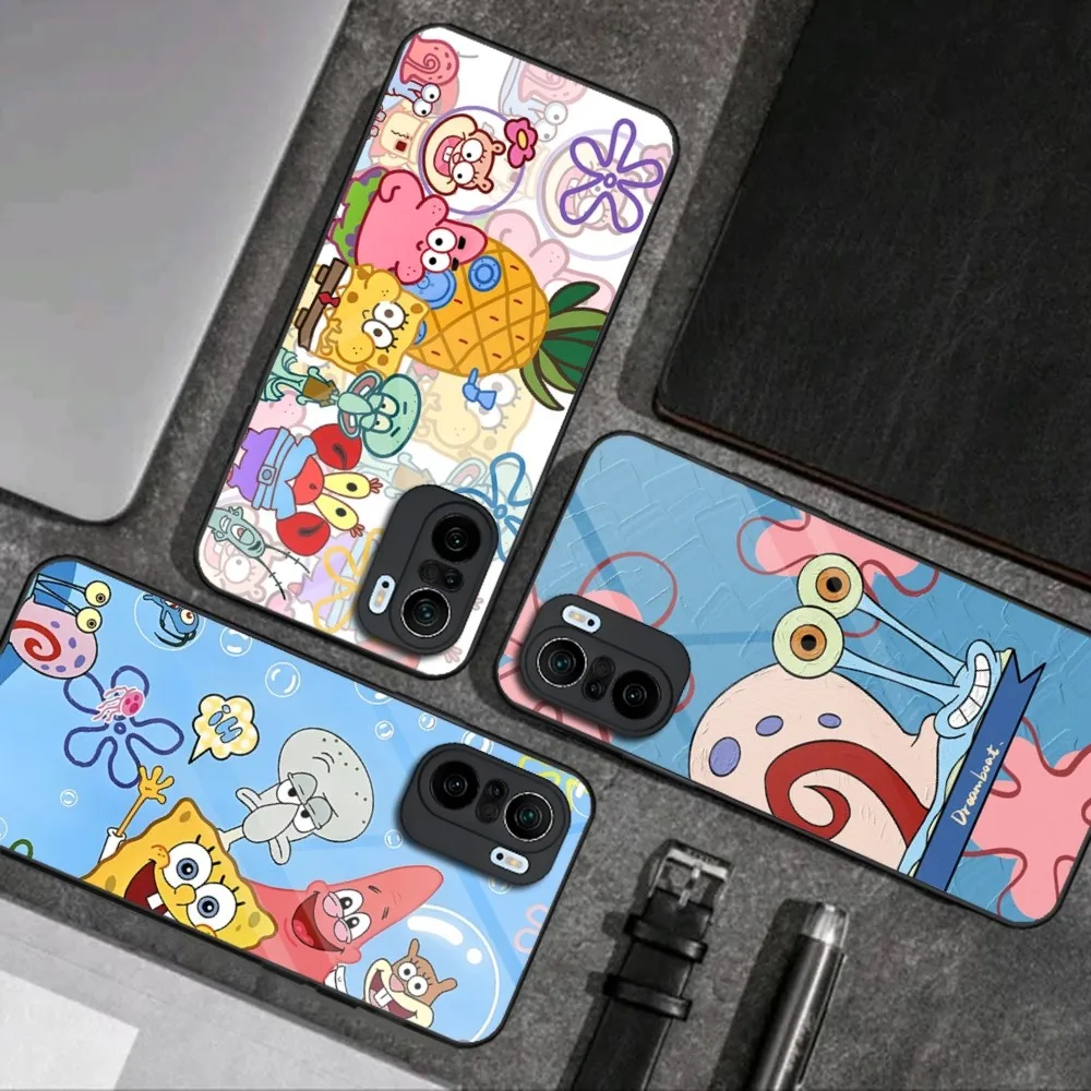 S-SpongebobS Phone Case Glass For Xiaomi PocoF3 13 12X 11 11T 10 12Pro Lite Redmi Note 10 9 8 Pro 9T 9A PocoX3Pro Cover