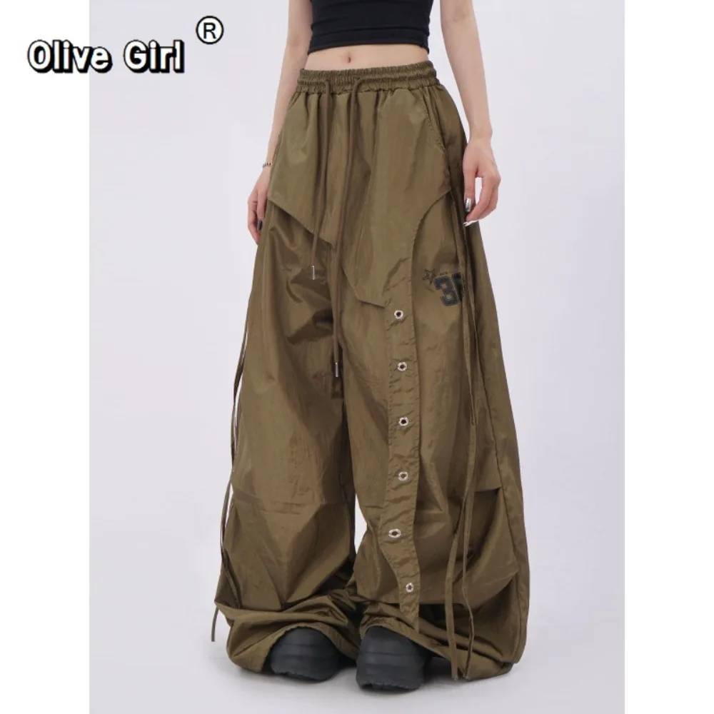 American Retro Pants Capris Military Green Trousers Work Pants Irregular Design Fake Two-piece Drawstring Pleated Casual Pants