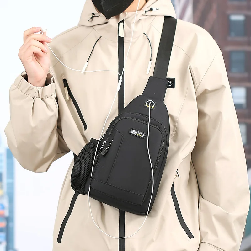 Man Nylon Sling Chest Bag with Bottle Holder Lightweight Waterproof Headphone Cable Hole Cycling Hiking Travel Crossbody Bag