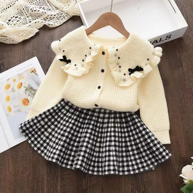 

Kids Girls Long Sleeve Kids Sweaters Fashion Kids Wear Knitted Cardigan and Skirt ClotHing Winter Suit for Children Baby Girl