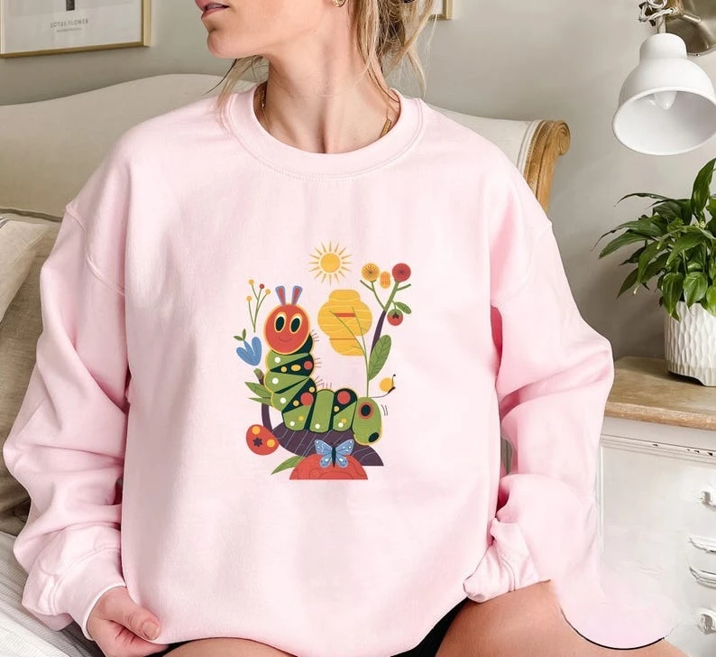 

Очень голодная гусеница, толстовка с длинными рукавами для книг, подарок для любителей книг, детская книга для чтения пота, одежда Y2k, эстетичная женская одежда