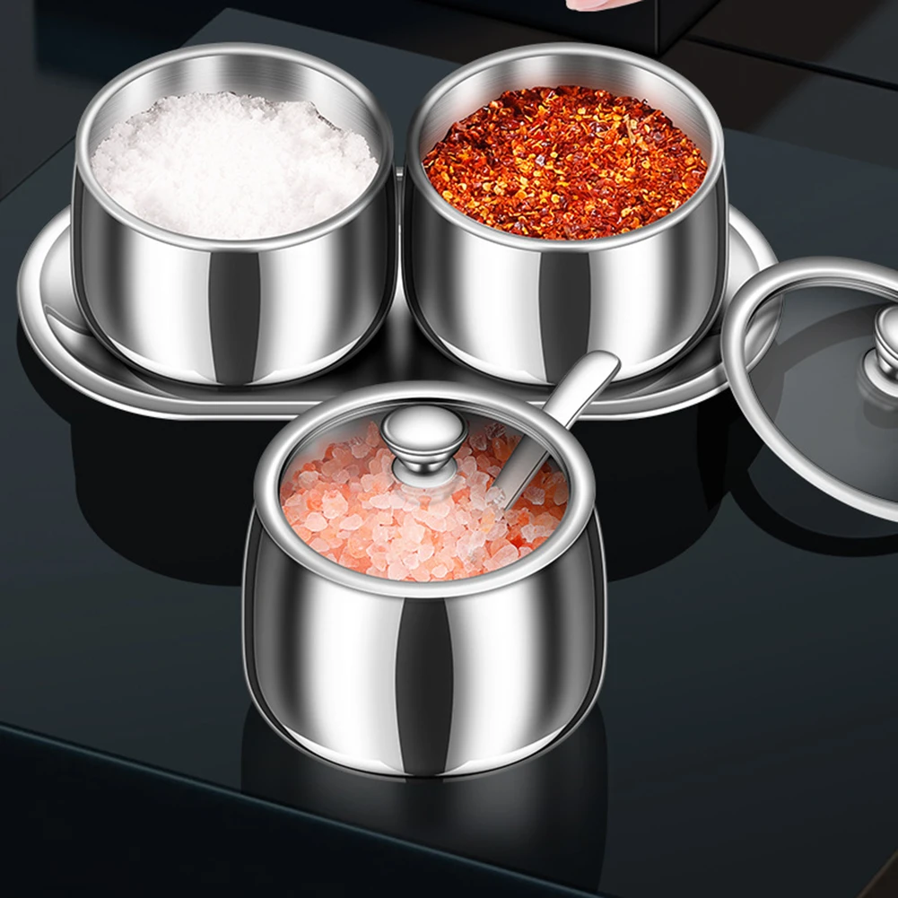 حاويات توابل ذات غطاء شفاف من الفولاذ المقاوم للصدأ، مجموعة كاملة من 4 قطع مع ملاعق لتخزين الطهي المنظم