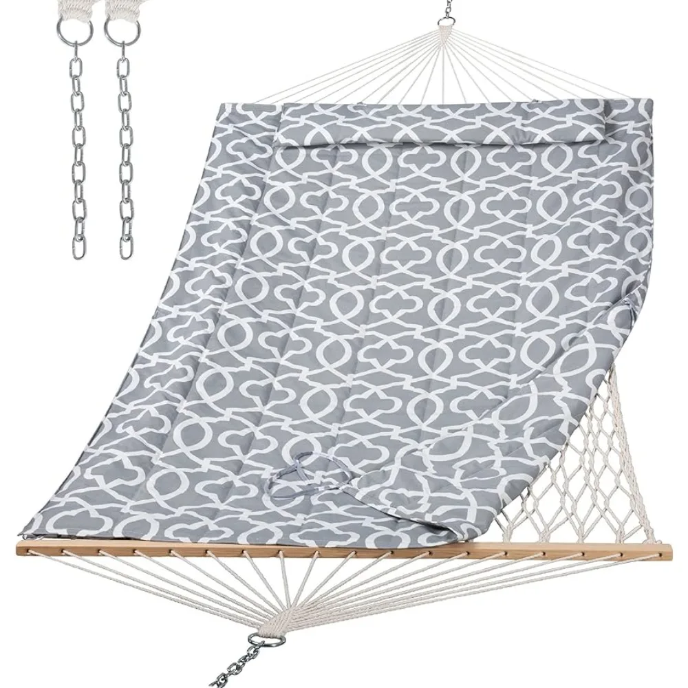 SUNCREAT Hammocks Heavy Duty Hammock with Hardwood Spreader Bar, Double Rope Hammock with Polyester Pad, Grey