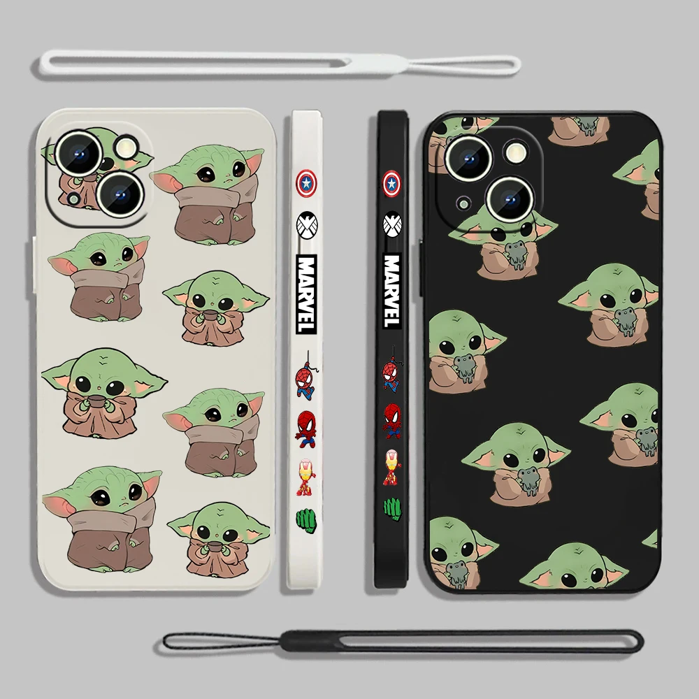 

S-Star W-Wars Baby Yoda Cute Cartoon Liquid Left Rope For Apple iPhone 15 14 13 12 11 XS XR X 8 7 SE Pro Max Plus Mini Cover