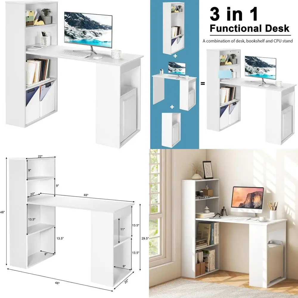 

Modern Compact White Writing Desk with Storage Shelves and CPU Stand for Study and Computer Work