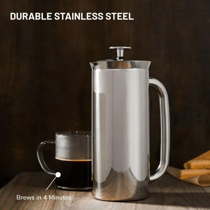 Fast shipping.with Micro-Filter, 32 Ounces, Polished Stainless Steel P7 French Press Coffee Maker - Double-Walled Stainless Stee
