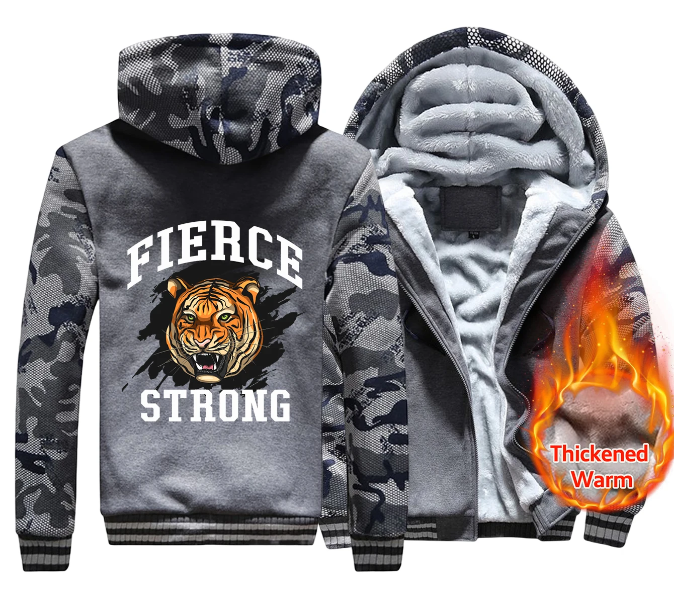 Fierce Tiger Strong Male Hoodie Thickened Warm Zipper Simple Casual Hoody Winter Warm Loose Sweatshirt Hipster Fleece