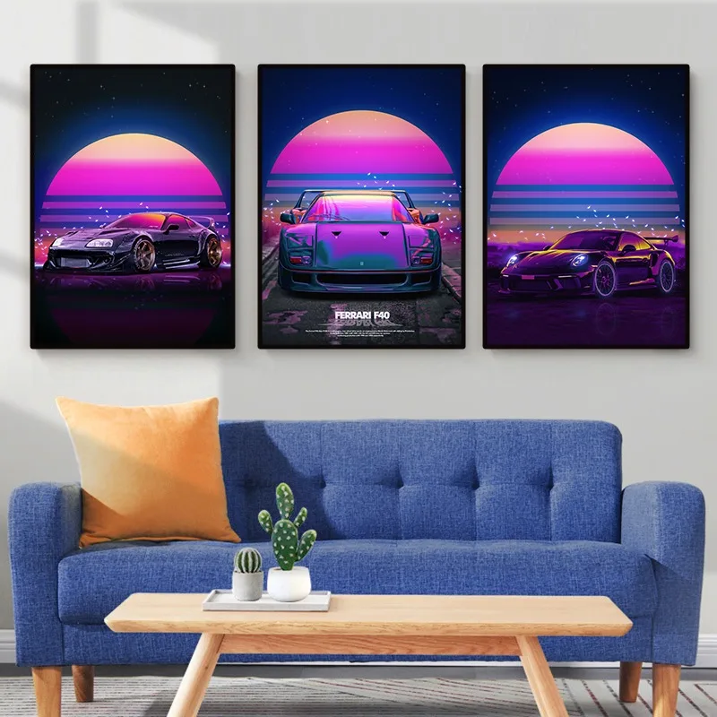 80S Neon Street Synthwave Outrun Cars Poster Vintage Outrun Cars Wall Art Canvas Painting Print for Living Room Home Decoration