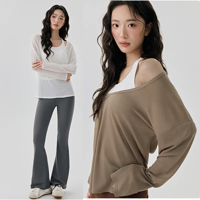 Aiithuug Women's Sheer Off The Shoulder Tops Mesh Workout Sexy Long Sleeve T Shirt Yoga Casual Long Sleeve Workout Loose Shirt