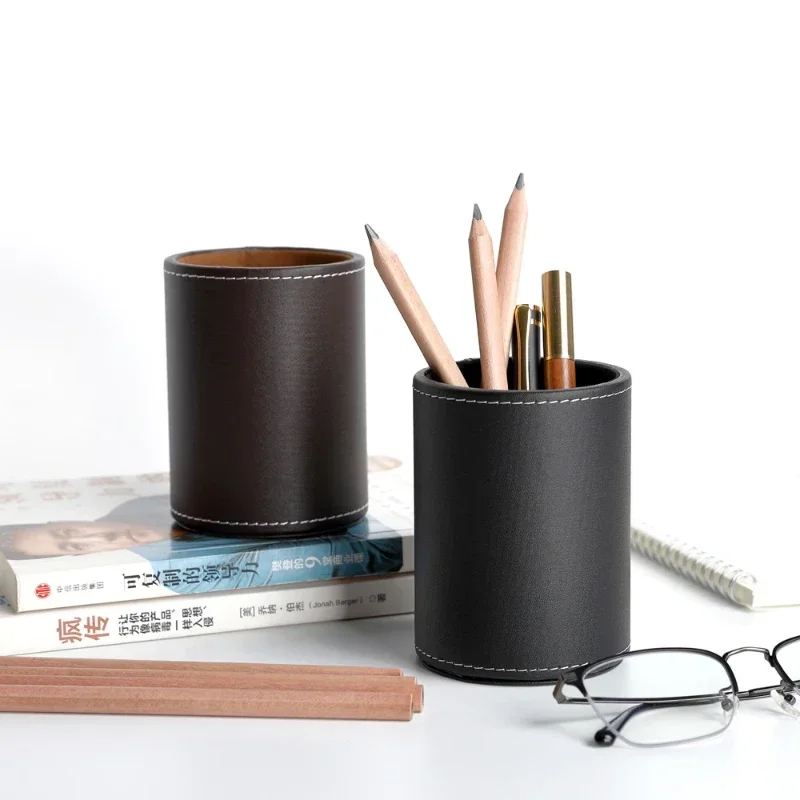 

Business Leather Round Pencil Holder Desktop Stationery Makeup Brush Storage Simple Office Desk Organizer Pencil Cup Holder