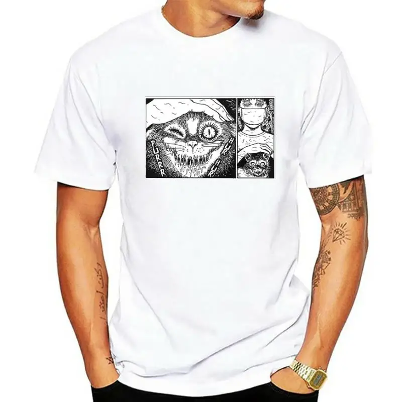 Harajuku Man Madcat Junji Ito T Shirts Tees Shirt Top Design Cotton Black Short-Sleeved Aesthetic Japanese Anime T Shirt