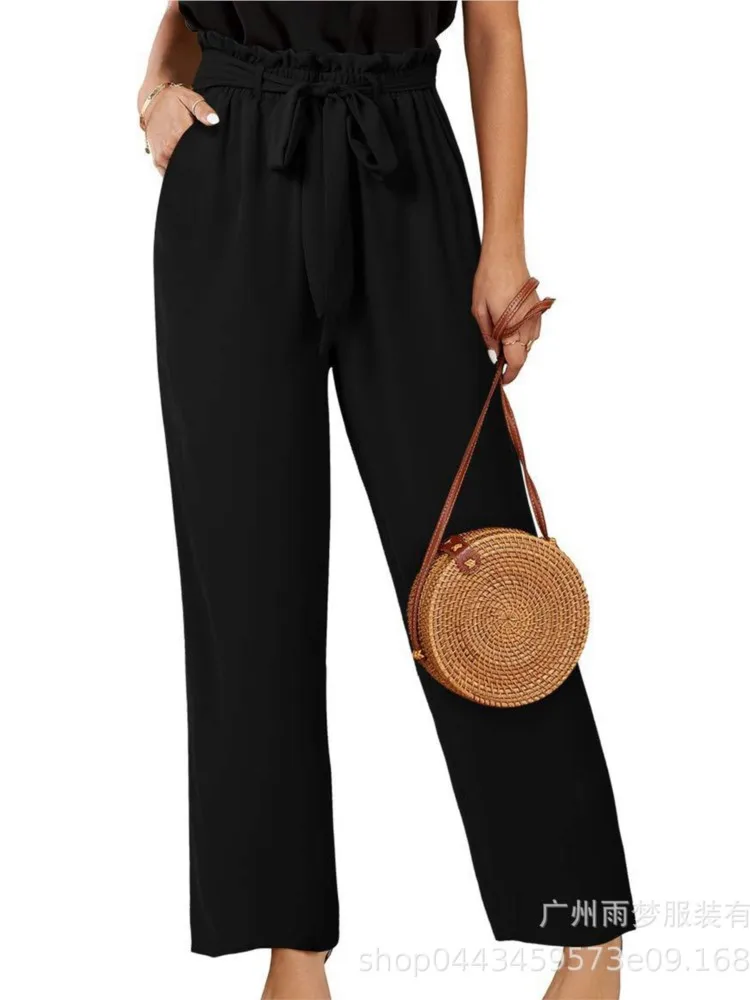 High-waisted Solid Color Straight Pants For Women Casual Lace-up Trousers Commuter Vacation Beach Streetwear Pants Spring Summer