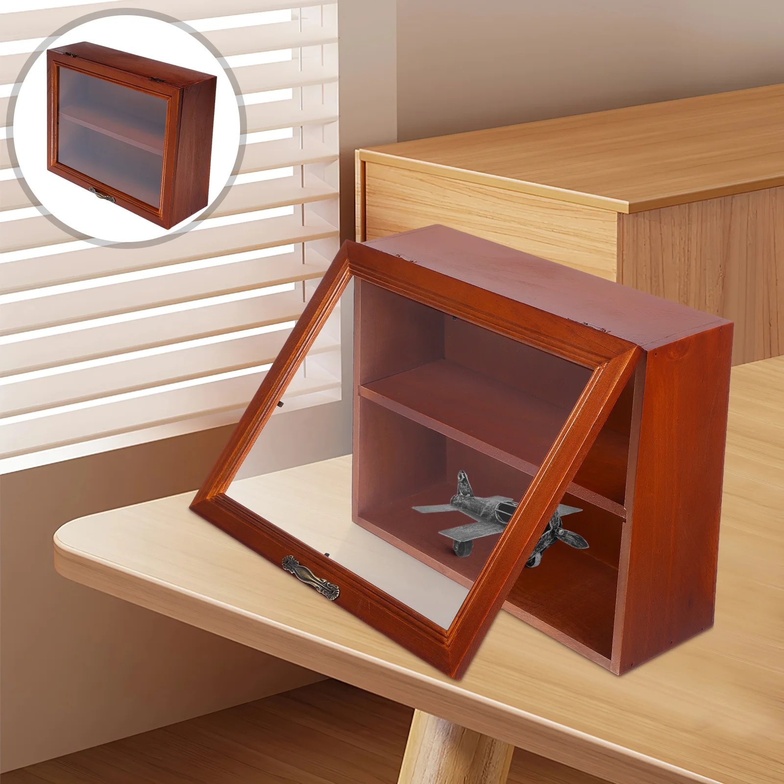 Solid Wood Flip Storage Cabinet Monitor Stands Figures Showcase Jewelry Display Rack Holder Alloy Desktop Wooden Office Shelf