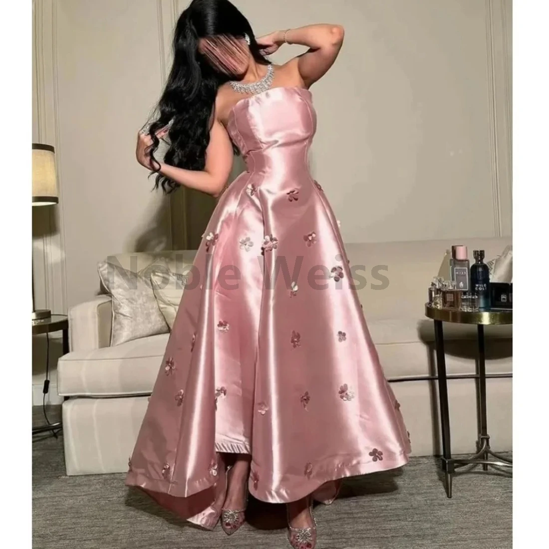 

Flowers Strapless Satin Evening Dress Beading A-Line Prom Gown Customize