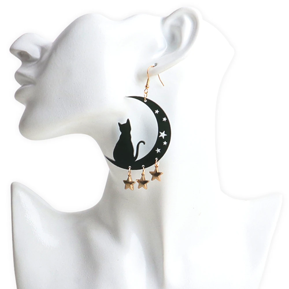 Halloween Black Moon Cat Acrylic Dangle Earrings for Women Funny Hallowmas Animals Star Tassel Drop Earrings Fashion Jewelry