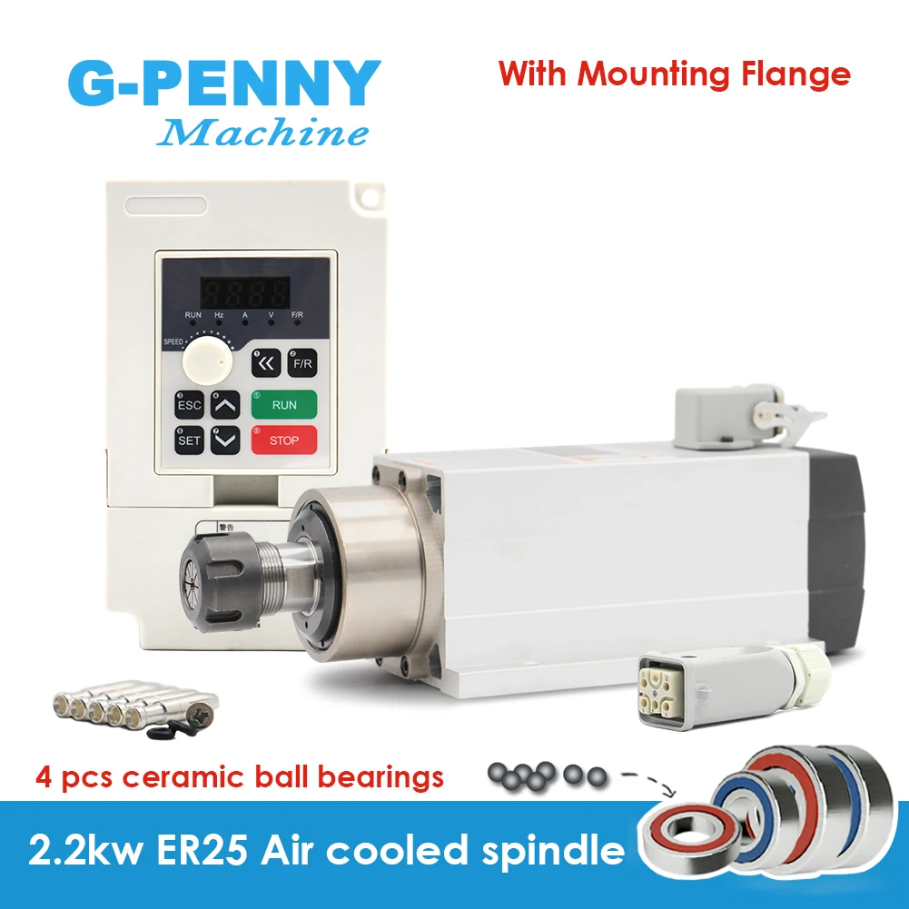 

G-Penny 2.2kw ER25 220v air cooled spindle motor Ceramic ball bearings & 2.2kw H100 inverter for wood working